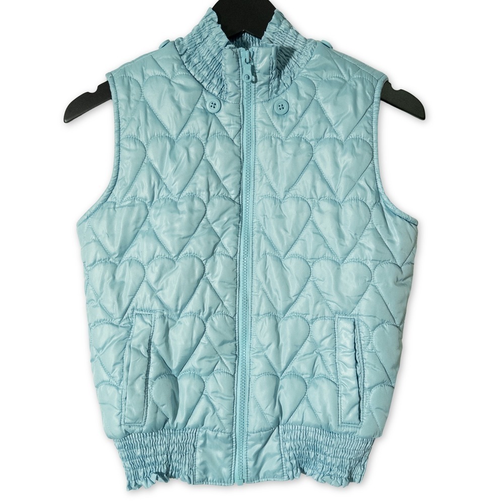 Old Navy Quilted Puffer Vest Girls XL Light Blue Zip Front Smocked Hearts